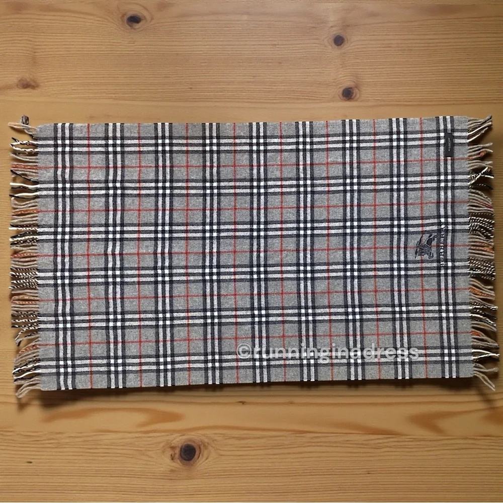 Vintage Burberry Nova Check Blanket Scarf Equestrian Knight Logo Grey Navy Blue